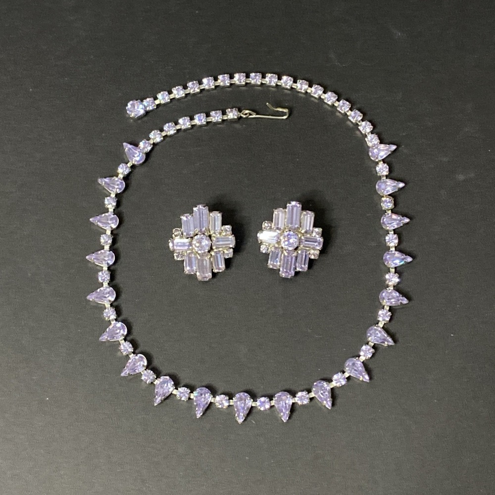 VTG Weiss Amethyst Rhinestone Baguette Teardrop Art Deco Necklace Earring Set